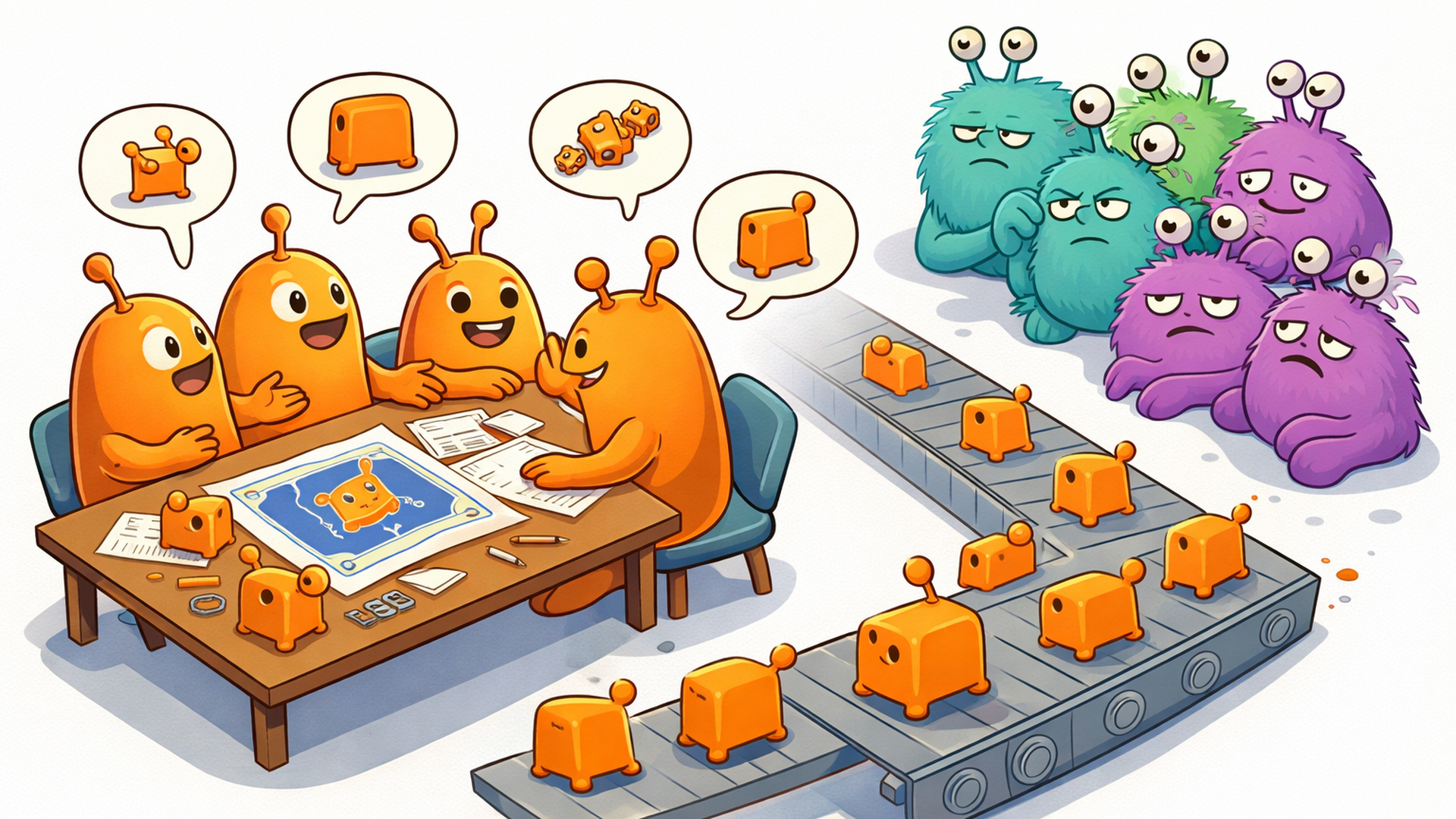 Illustration of identical orange creatures seated around a table designing a product that looks like them, while a group of visually distinct blue, green, and purple creatures watch from the side, excluded from the process. The assembly line between them produces only orange units.