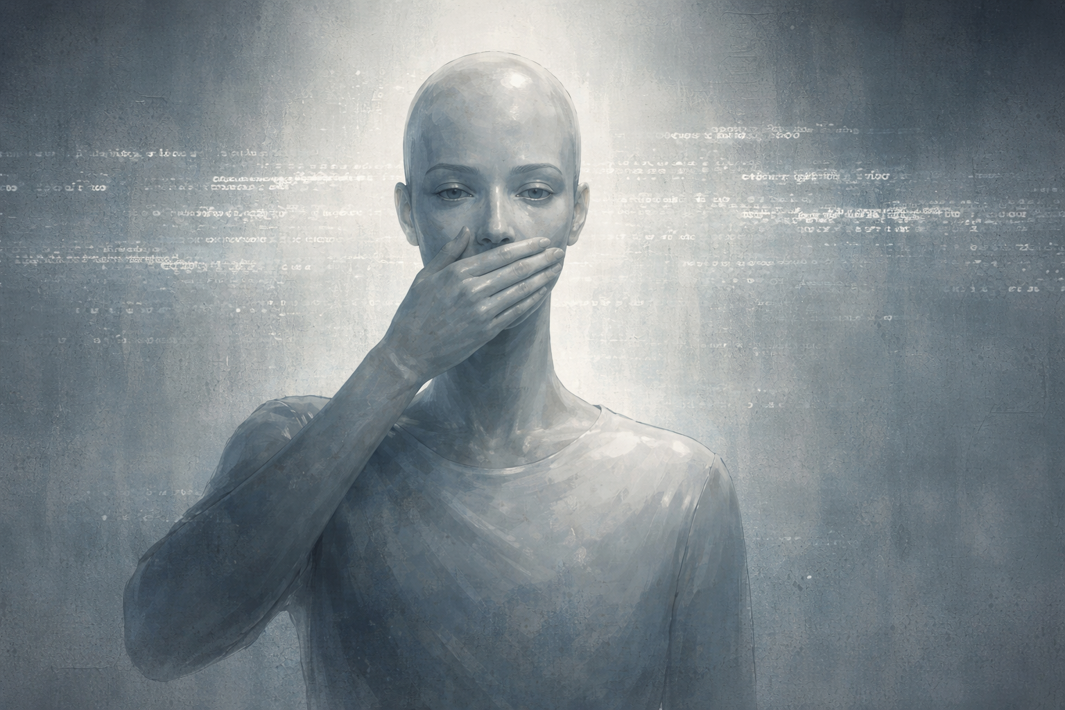 A figure in gray with one hand pressed firmly over their own mouth. Behind them, lines of faint code and fragmented text dissolve into a hazy background, suggesting suppressed communication.