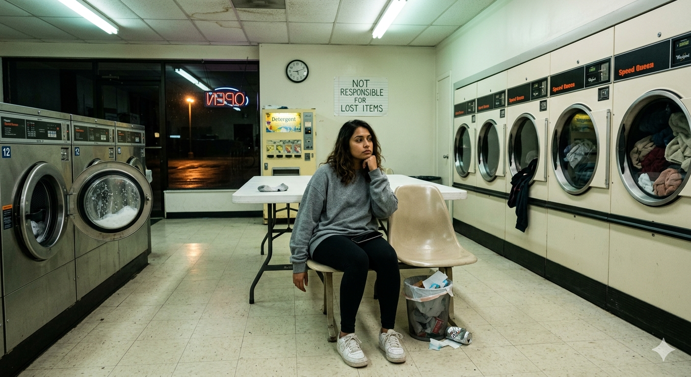 ChatGPT rendering of statistically average woman in a fluorescent-lit laundromat