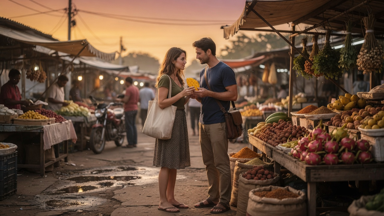 Grok rendering of a romantically charged couple in the same open-air market, both subjects now appearing white and conventionally attractive